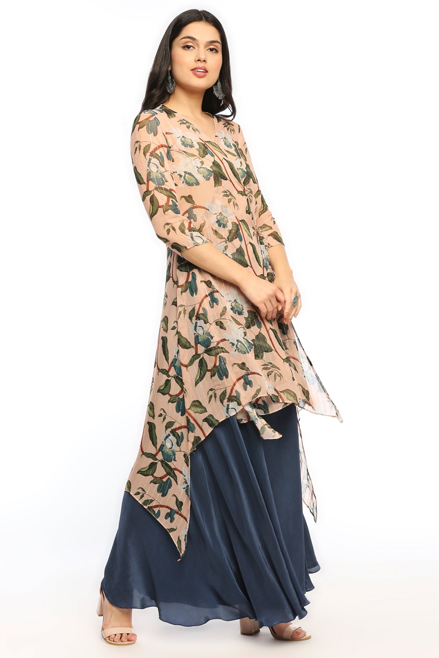Sougat Paul Orchid Bloom Printed Asymmetrical Kurta With Flared Pant peach blue online shopping melange singapore indian designer wear