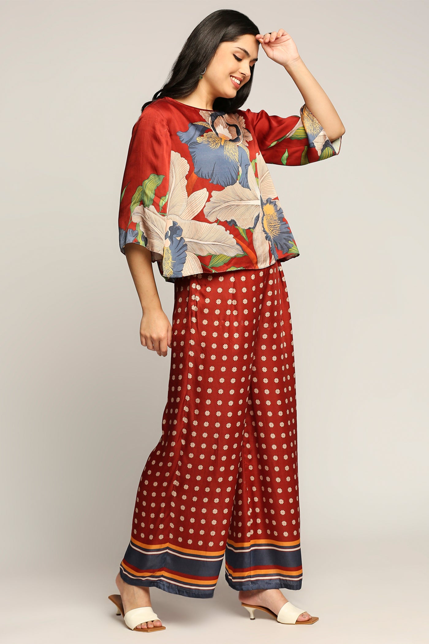 Sougat Paul Orchid Bloom Printed Co-ord Set red western indian designer wear online shopping melange singapore