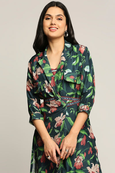 Sougat Paul Orchid Bloom Printed Co-ord Set With Jacket green western indian designer wear online shopping melange singapore