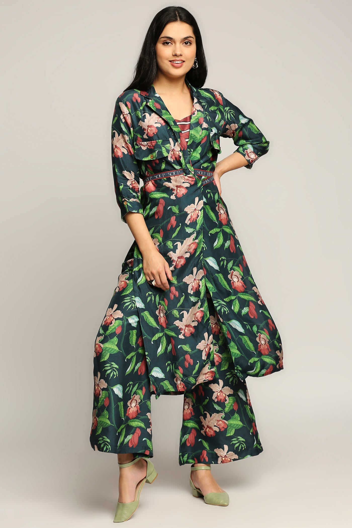 Sougat Paul Orchid Bloom Printed Co-ord Set With Jacket green western indian designer wear online shopping melange singapore