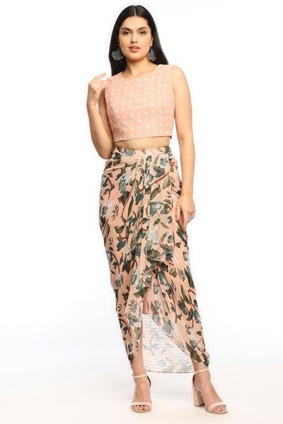 Sougat Paul Orchid Bloom Printed Drape Skirt Set With Jacket peach western indian designer wear online shopping melange singapore