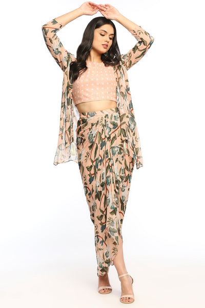 Sougat Paul Orchid Bloom Printed Drape Skirt Set With Jacket peach western indian designer wear online shopping melange singapore