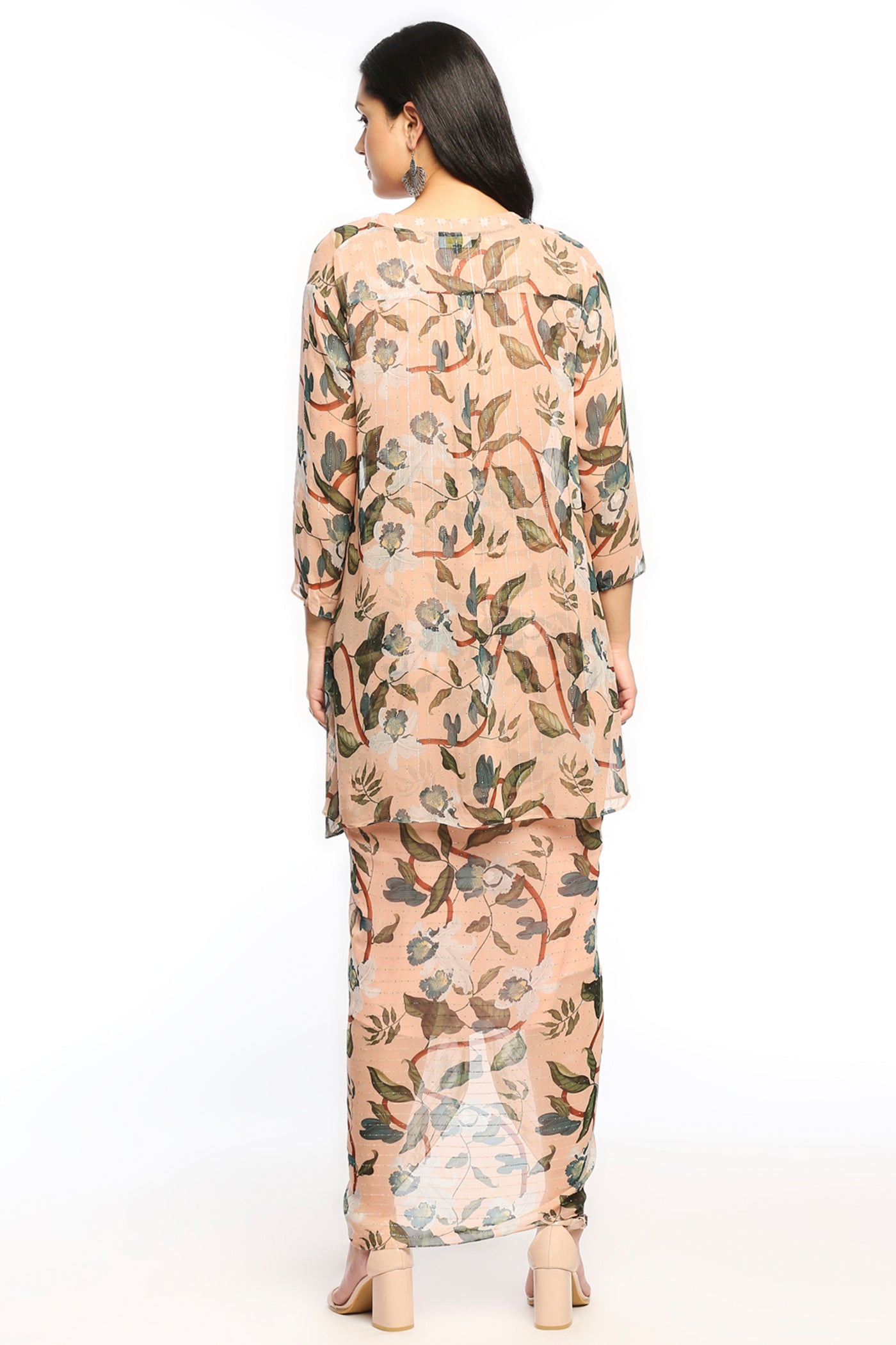 Sougat Paul Orchid Bloom Printed Drape Skirt Set With Jacket peach western indian designer wear online shopping melange singapore