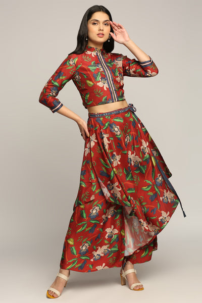 Sougat paul Orchid Bloom Printed Jacket With Layered Pants red online shopping melange singapore indian designer wear