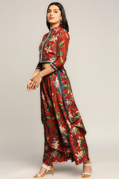 Sougat paul Orchid Bloom Printed Jacket With Layered Pants red online shopping melange singapore indian designer wear