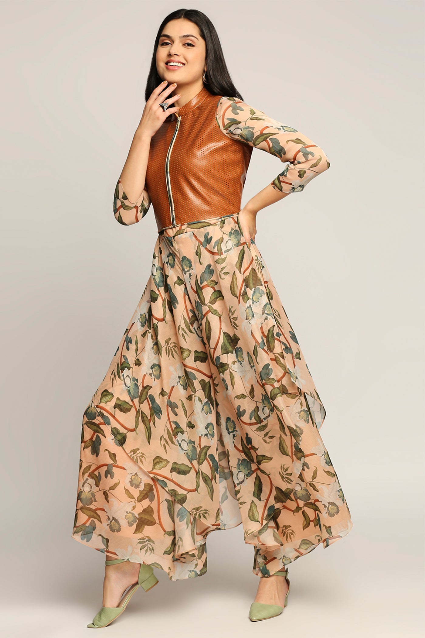 sougat paul Orchid Bloom Printed Jumpsuit With Leather Jacket peach western indian designer wear online shopping melange singapore