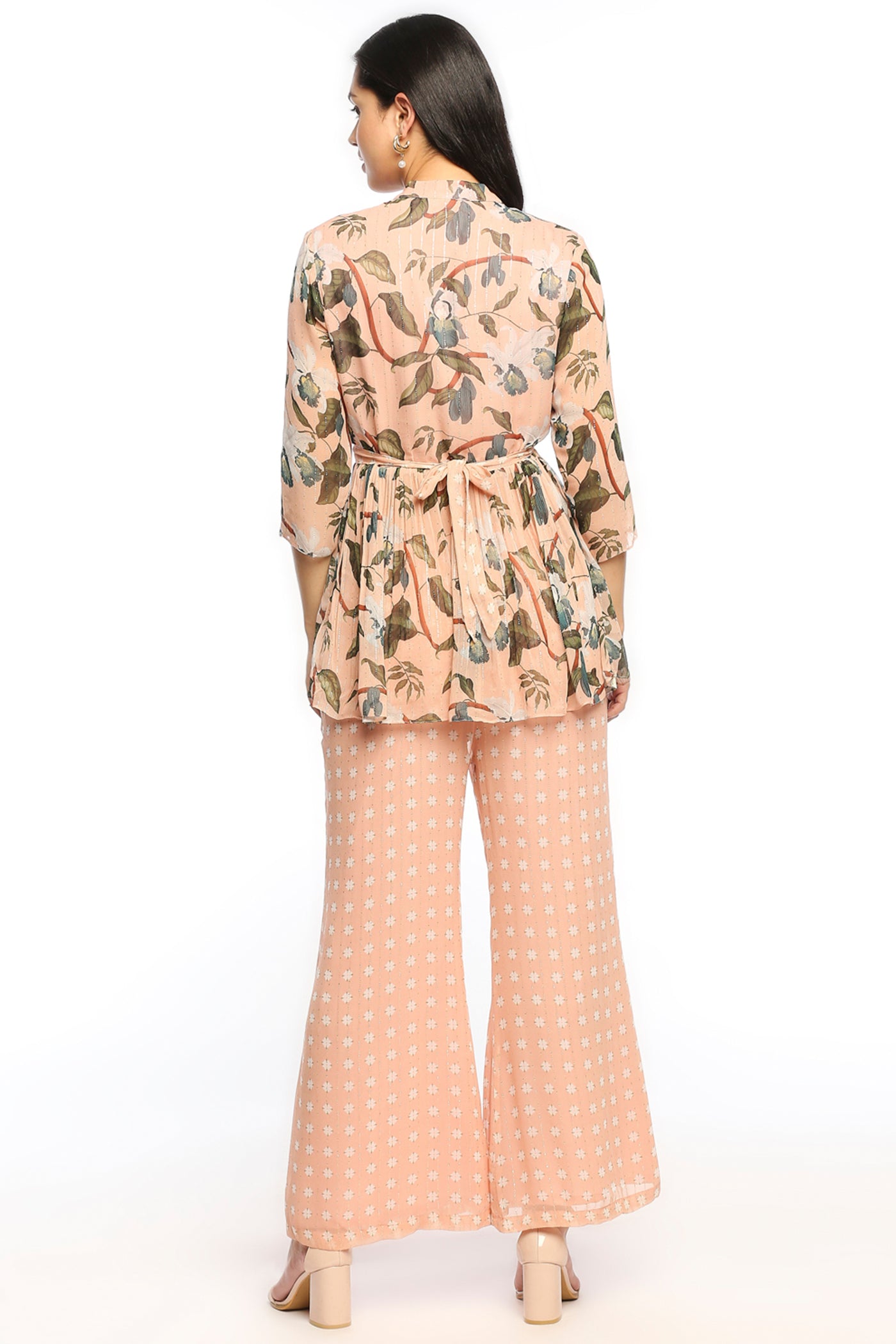 Sougat Paul Orchid Bloom Printed Pant Set With Belt peach western indian designer wear online shopping melange singapore