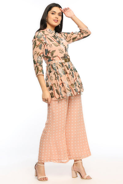 Sougat Paul Orchid Bloom Printed Pant Set With Belt peach western indian designer wear online shopping melange singapore