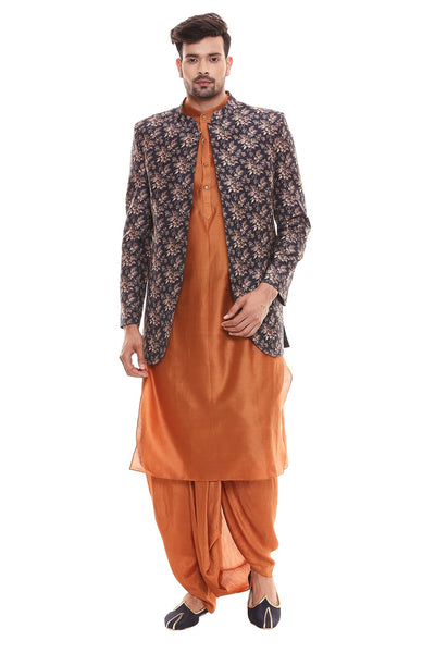 Sougat Paul menswear Plain Kurta With Side Slit And Dhoti Is Paired With Printed Jacket blue rust festive indian designer wear online shopping melange singapore
