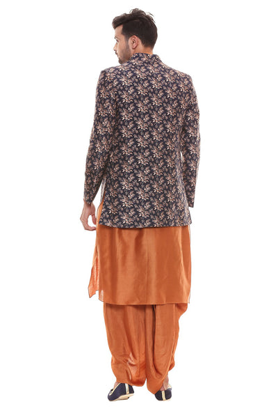 Sougat Paul menswear Plain Kurta With Side Slit And Dhoti Is Paired With Printed Jacket blue rust festive indian designer wear online shopping melange singapore