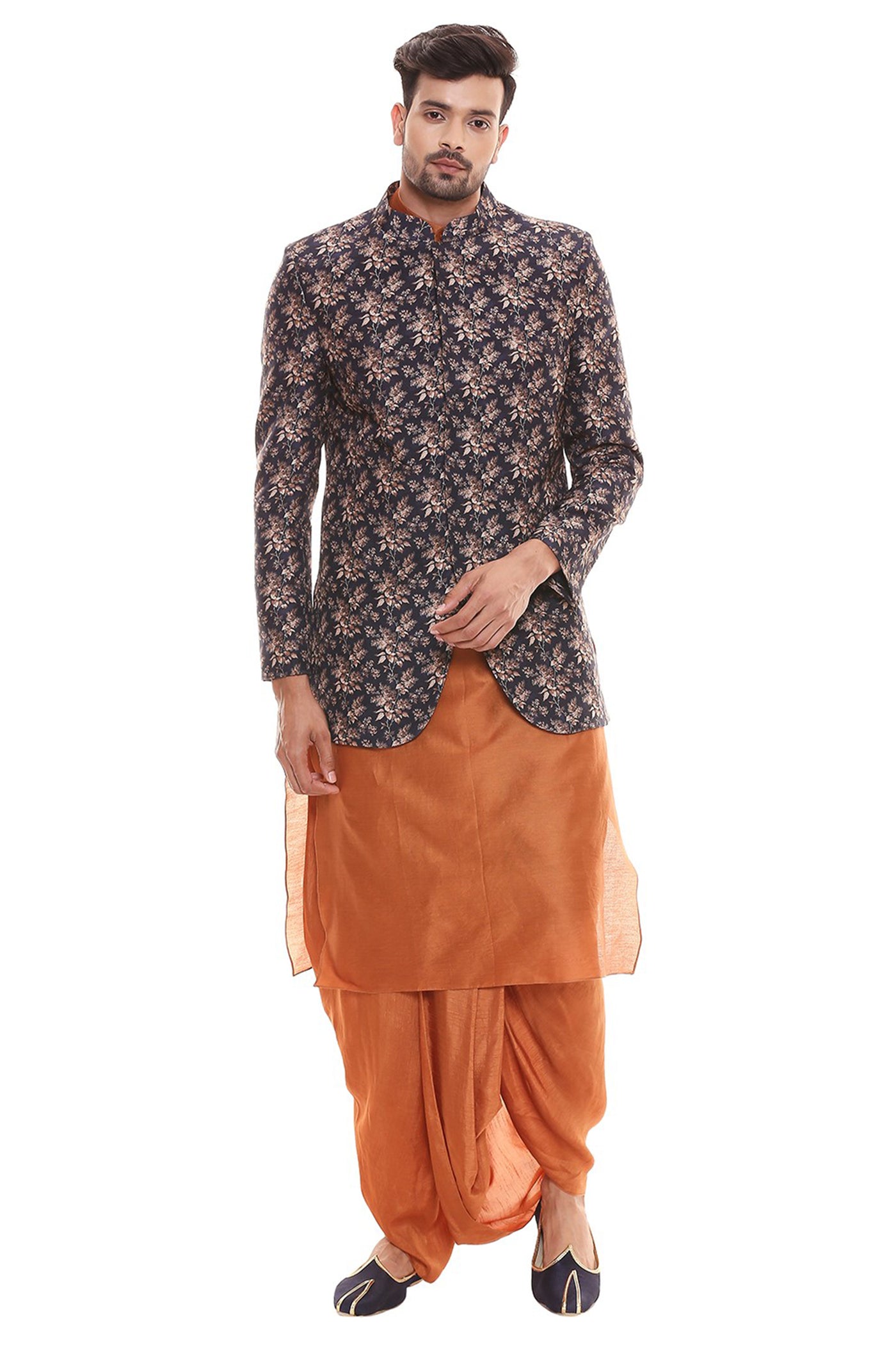 Sougat Paul menswear Plain Kurta With Side Slit And Dhoti Is Paired With Printed Jacket blue rust festive indian designer wear online shopping melange singapore