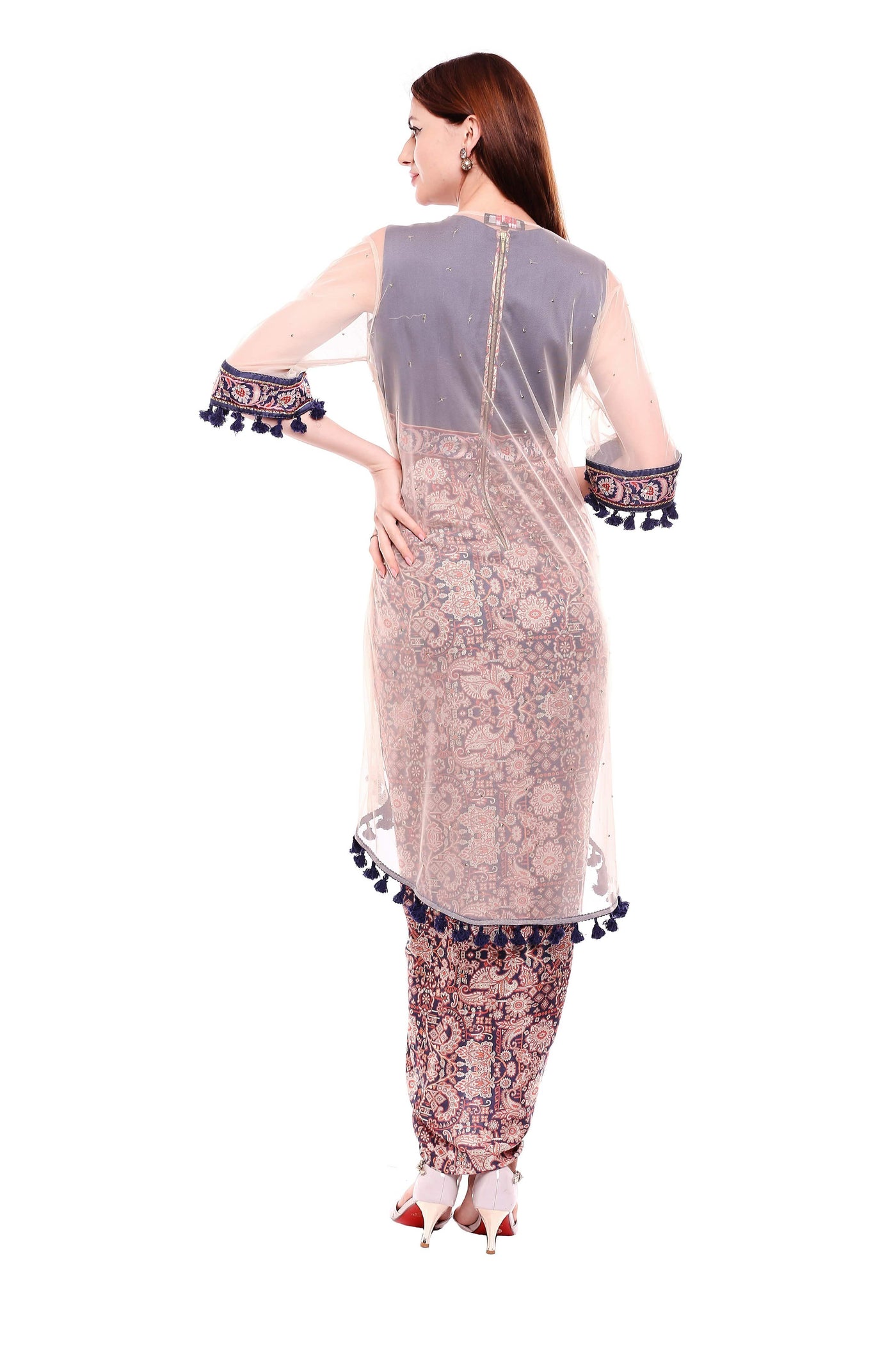 Printed Drape Dress With Net Jacket