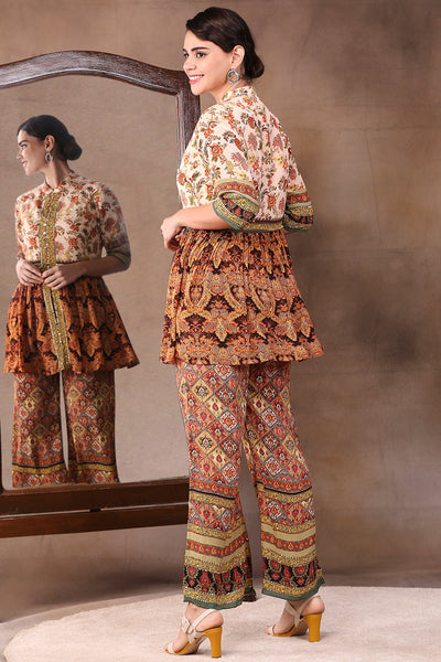Sougat Paul Printed Peplum Top With Printed Pants Set beige fusion indian designer wear online shopping melange singapore