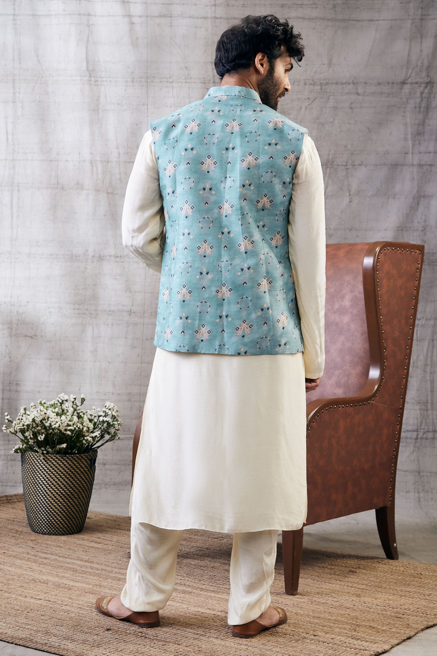 Sougat Paul Menswear Sarouk Printed Bundi With Kurta Set Indian designer wear online shopping melange singapore