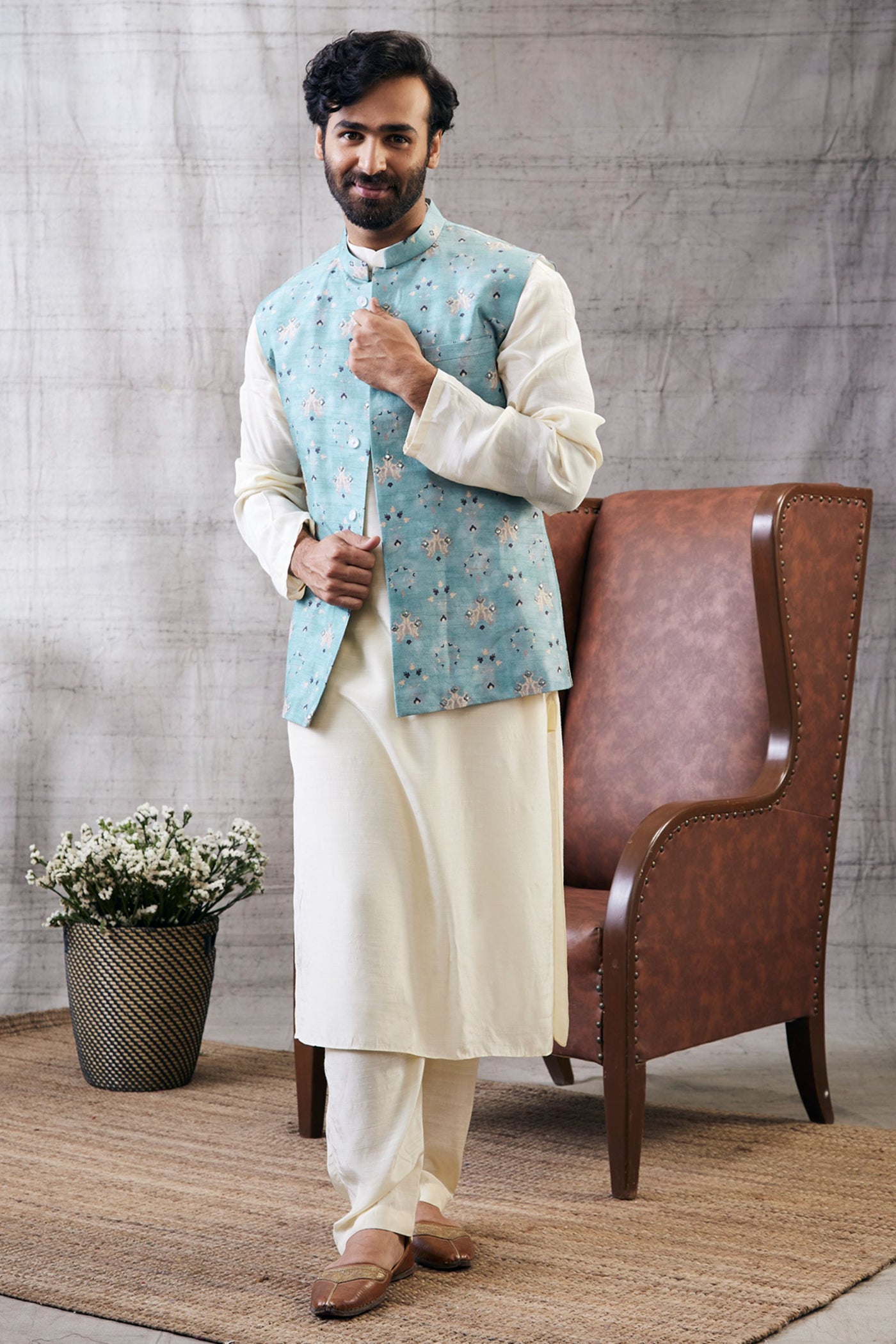 Sougat Paul Menswear Sarouk Printed Bundi With Kurta Set Indian designer wear online shopping melange singapore