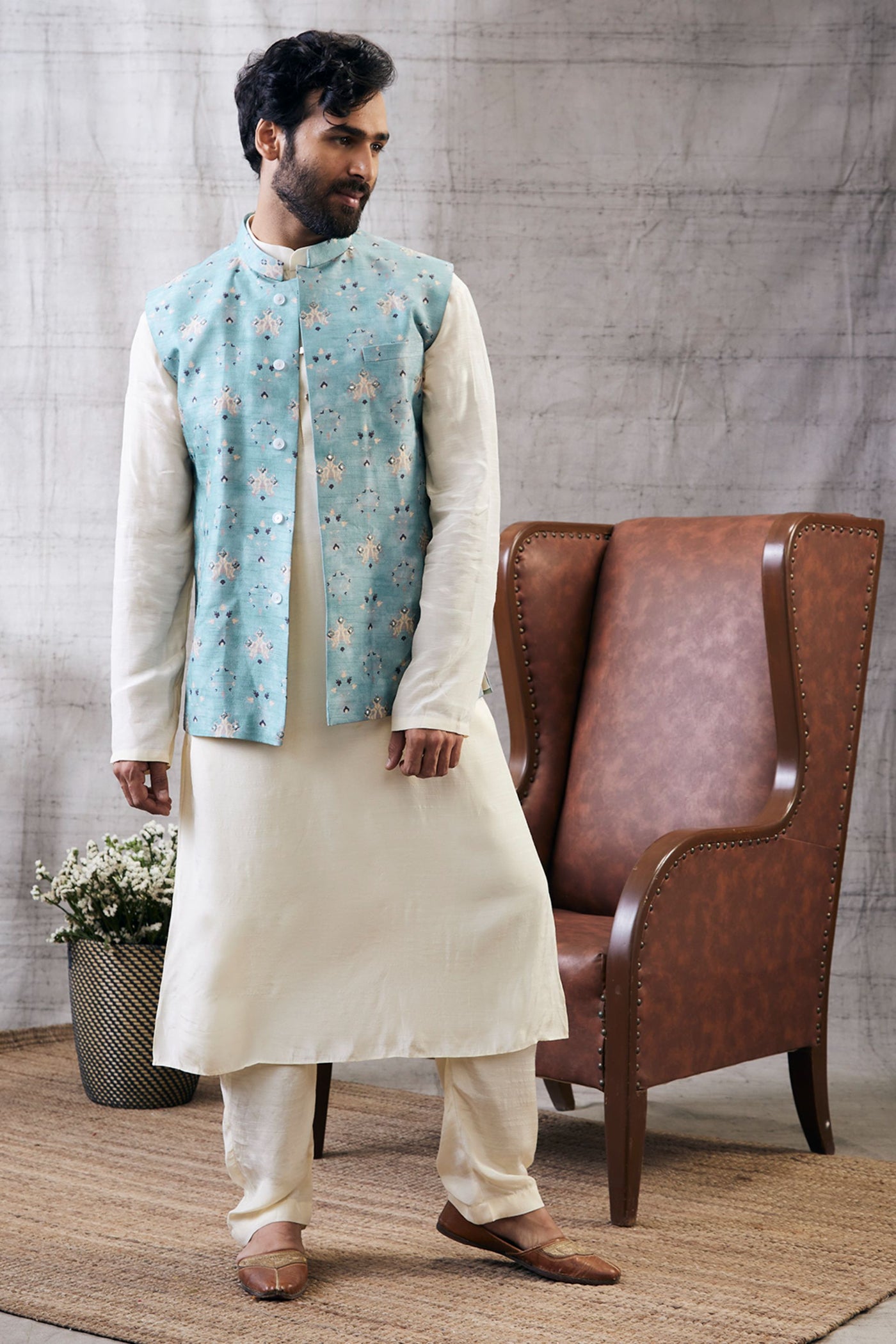 Sougat Paul Menswear Sarouk Printed Bundi With Kurta Set Indian designer wear online shopping melange singapore