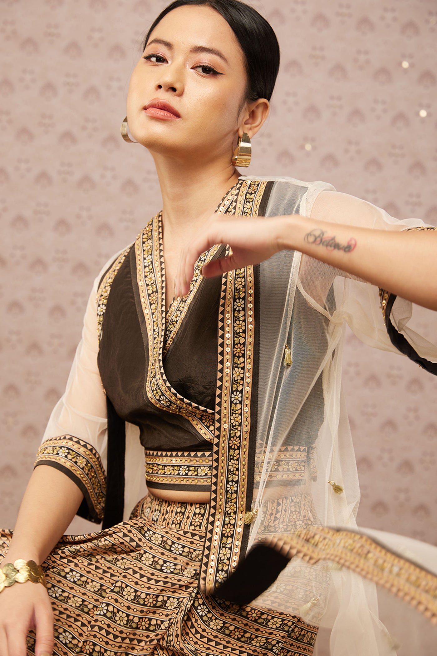 Sougat Paul Sarouk Printed Drape Skirt Set With Jacket western indian designer womenswear fashion online shopping melange singapore