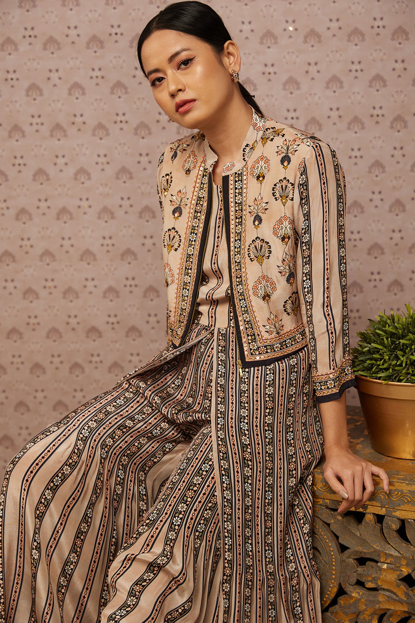 Sougat Paul Sarouk Printed Jumpsuit With Jacket western indian designer womenswear fashion online shopping melange singapore