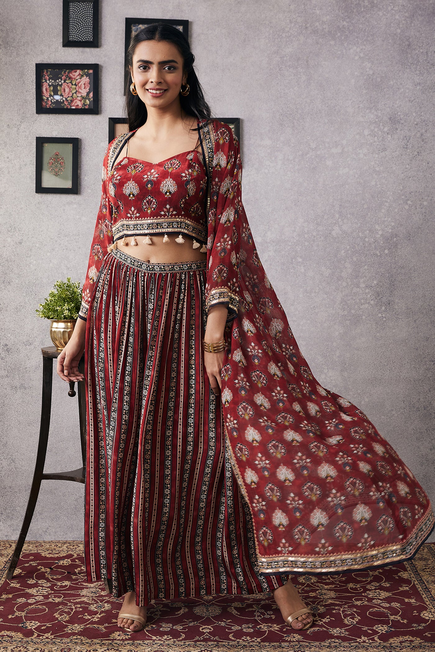 sougat paul Sarouk Embroidered Co-ord Set With Jacket red online shopping melange singapore indian designer wear