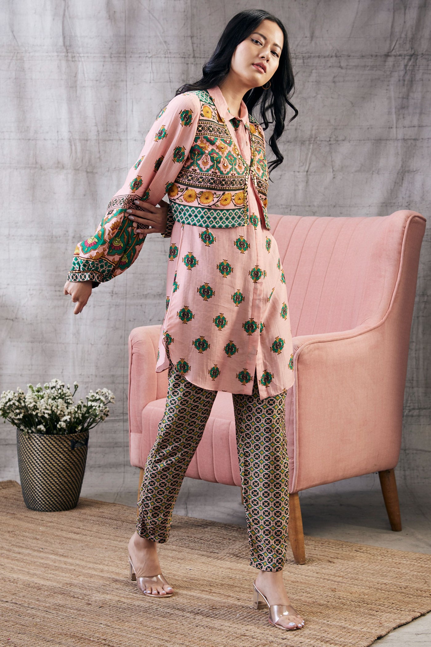 Sougat Paul Taahira Printed Co-Ord Set With Jacket Indian designer wear online shopping melange singapore