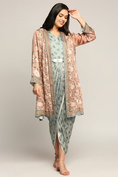 Sougat Paul Vintage Trails Printed Drape Dress With Jacket peach green western indian designer wear online shopping melange singapore