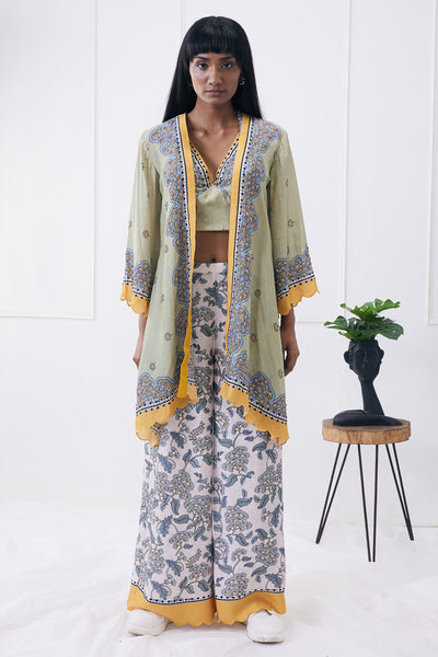sougat paul Yasmin Printed Co-ord Set With Jacket green online shopping melange singapore indian designer wear