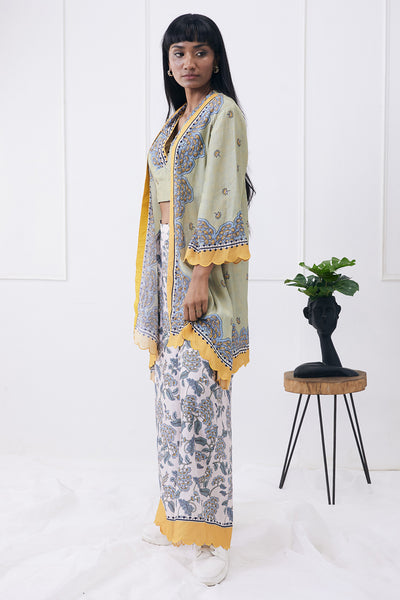 sougat paul Yasmin Printed Co-ord Set With Jacket green online shopping melange singapore indian designer wear