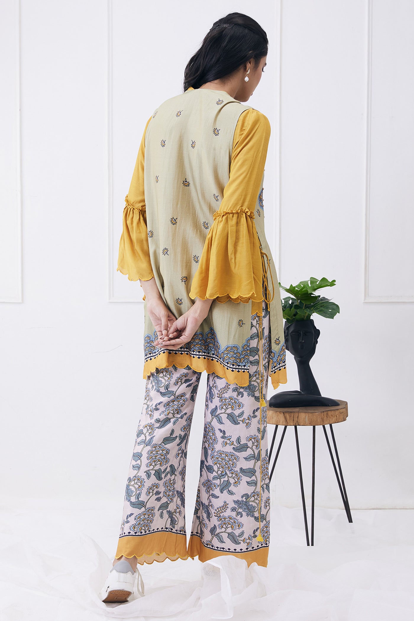 sougat paul Yasmin printed co-ord set with jacket yellow online shopping melange singapore indian designer wear