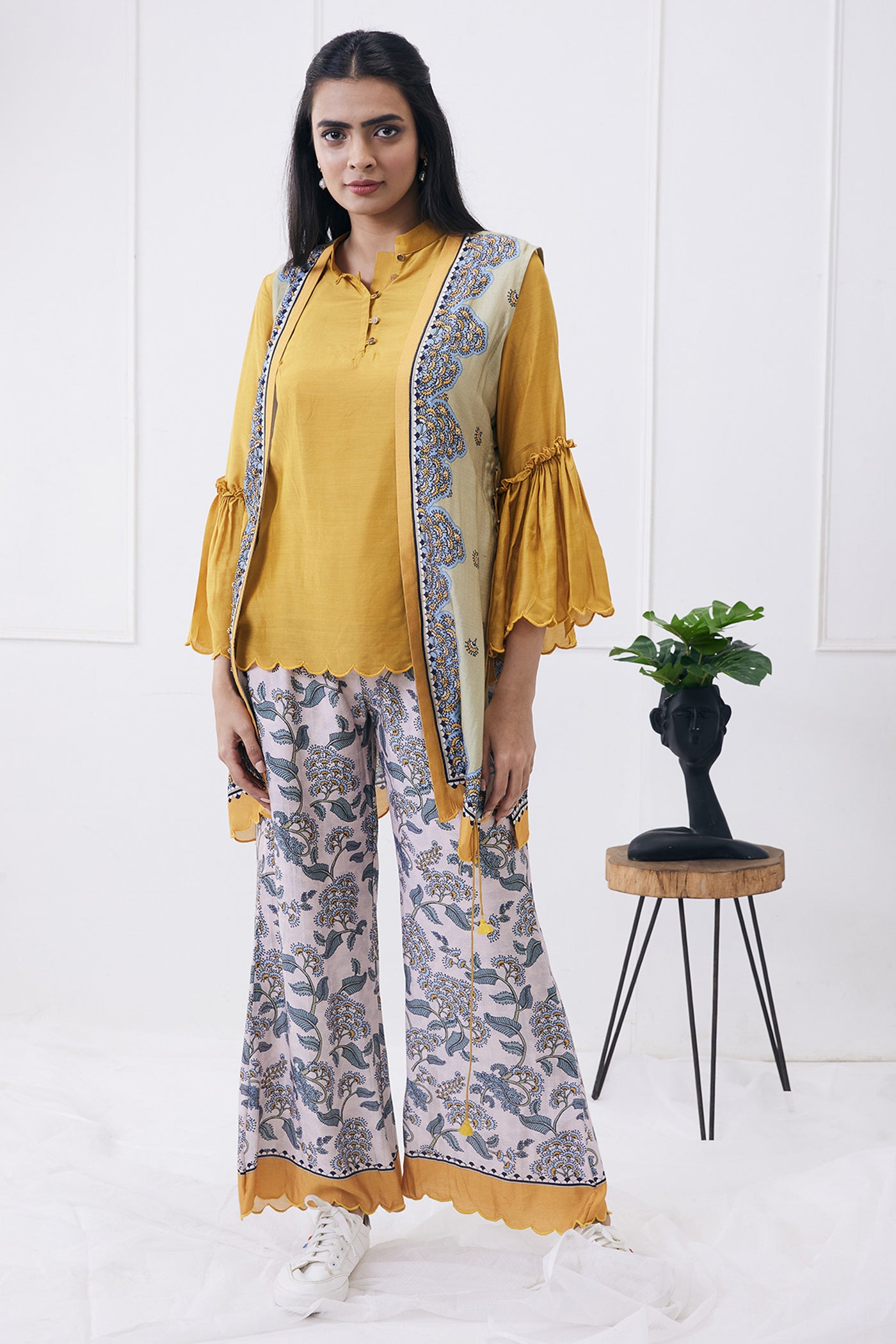 sougat paul Yasmin printed co-ord set with jacket yellow online shopping melange singapore indian designer wear