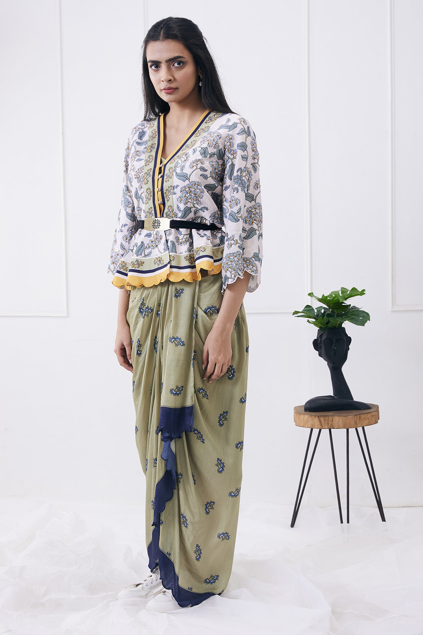 sougat paul Yasmin Printed Drape Skirt With Peplum Top green online shopping melange singapore indian designer wear