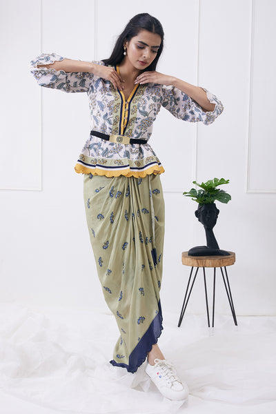 sougat paul Yasmin Printed Drape Skirt With Peplum Top green online shopping melange singapore indian designer wear