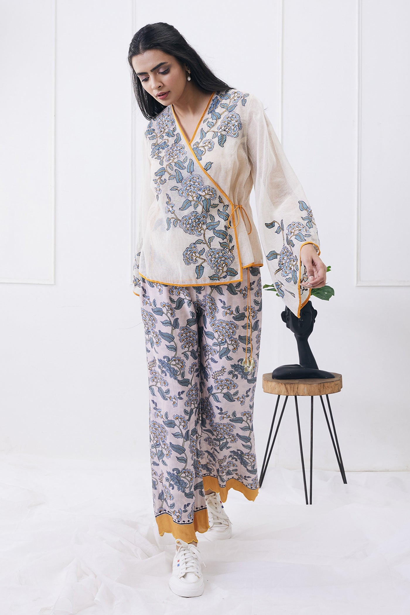 sougat paul Yasmin Printed Overlapped Top With Pants cream online shopping melange singapore indian designer wear