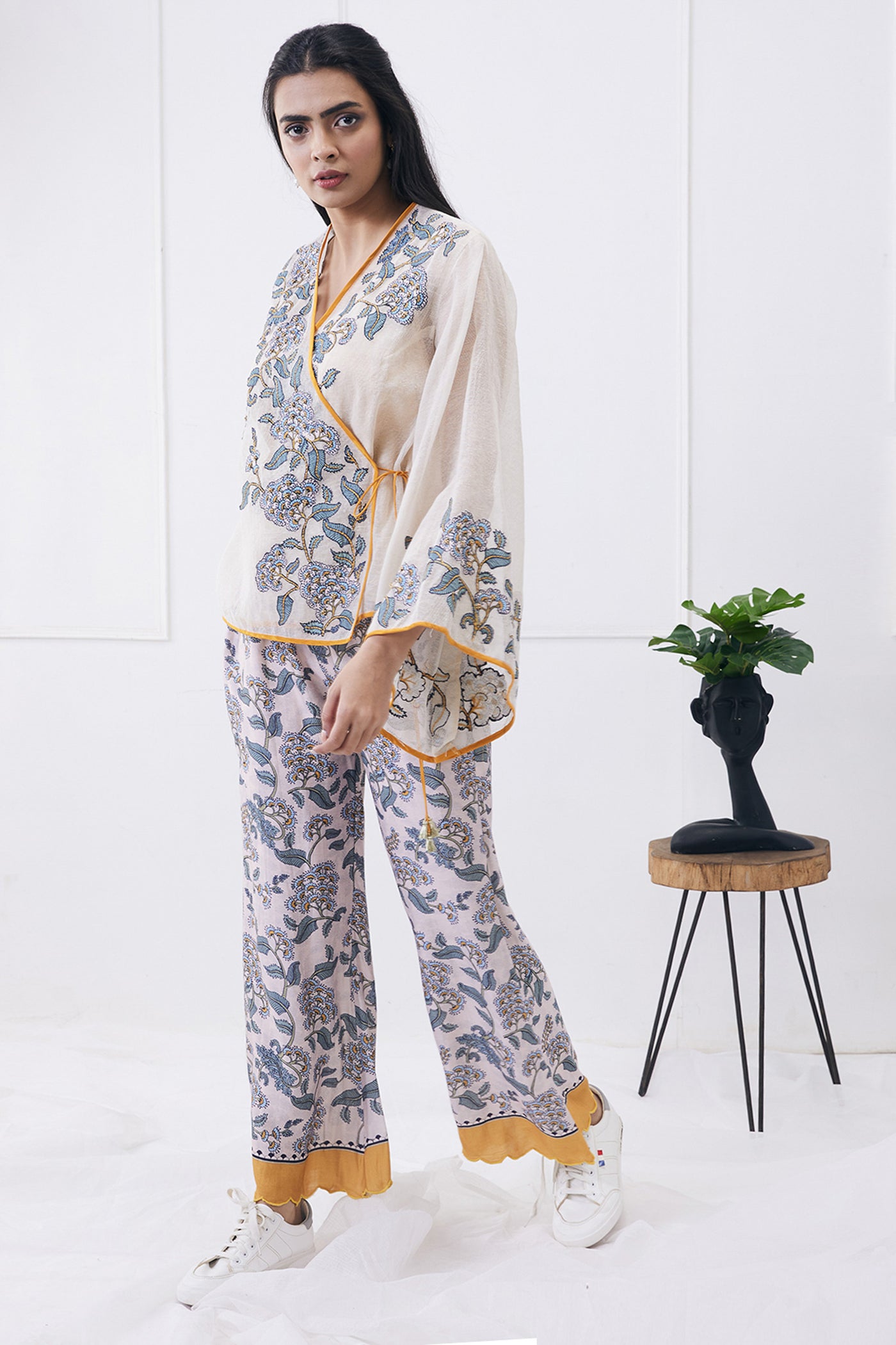 sougat paul Yasmin Printed Overlapped Top With Pants cream online shopping melange singapore indian designer wear