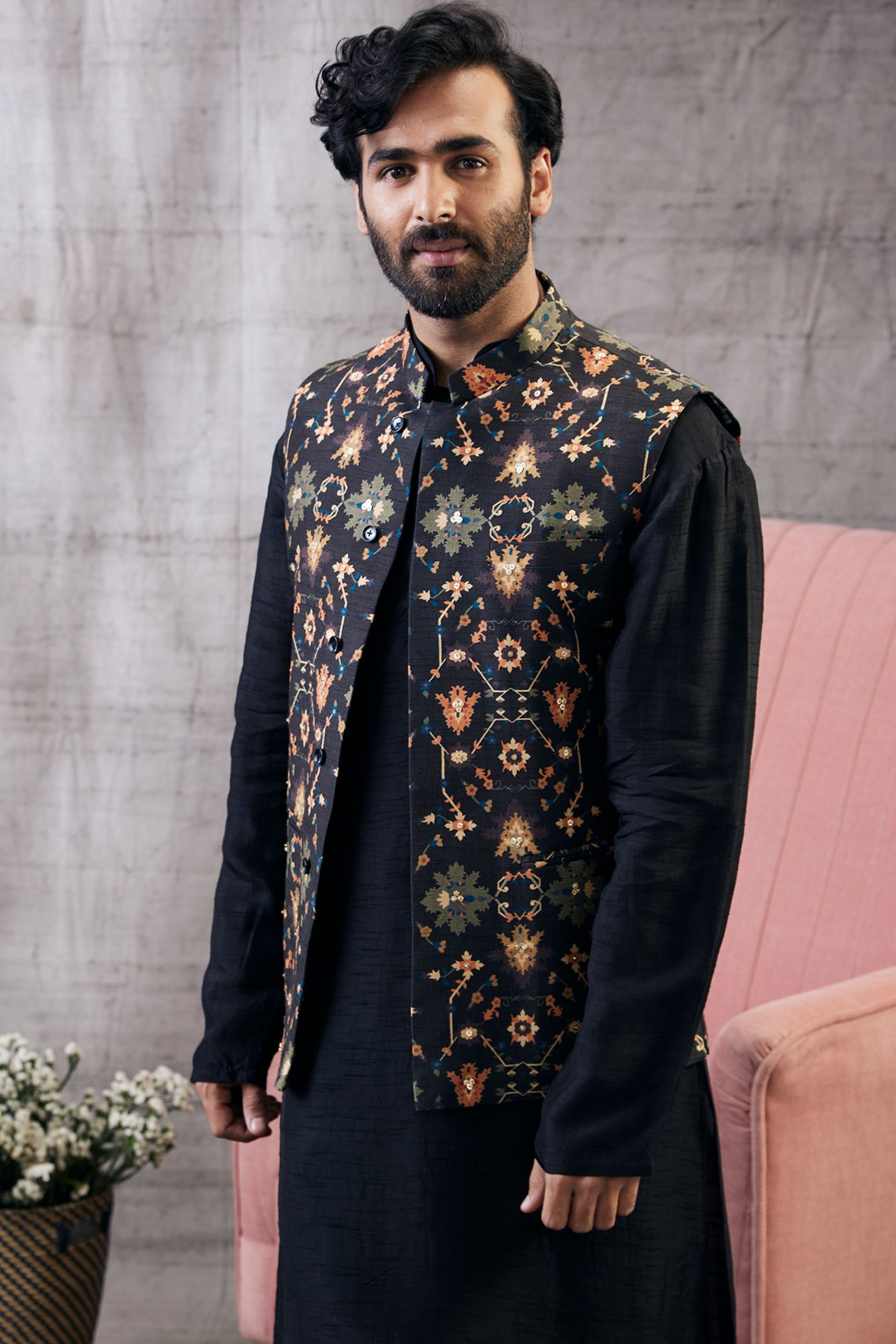 Sougat Paul Menswear Zahra Printed Bundi With Kurta Set Indian designer wear online shopping melange singapore