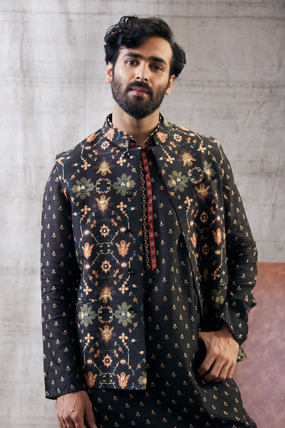 Sougat Paul Menswear Zahra Printed Bundi With Kurta Set Indian designer wear online shopping melange singapore