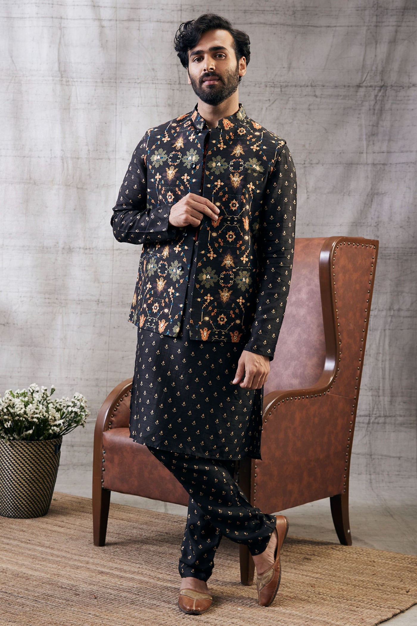 Sougat Paul Menswear Zahra Printed Bundi With Kurta Set Indian designer wear online shopping melange singapore