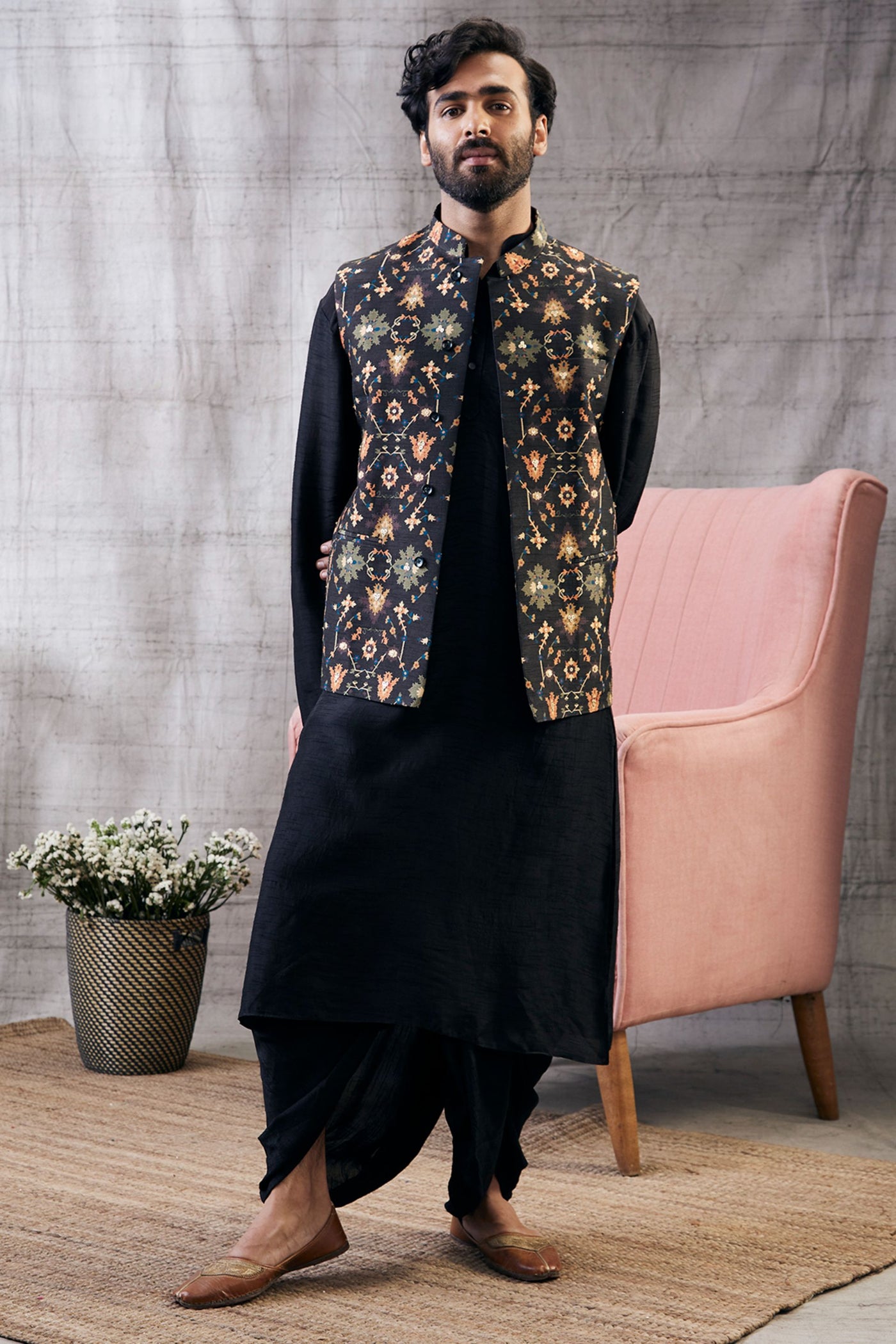 Sougat Paul Menswear Zahra Printed Bundi With Kurta Set Indian designer wear online shopping melange singapore