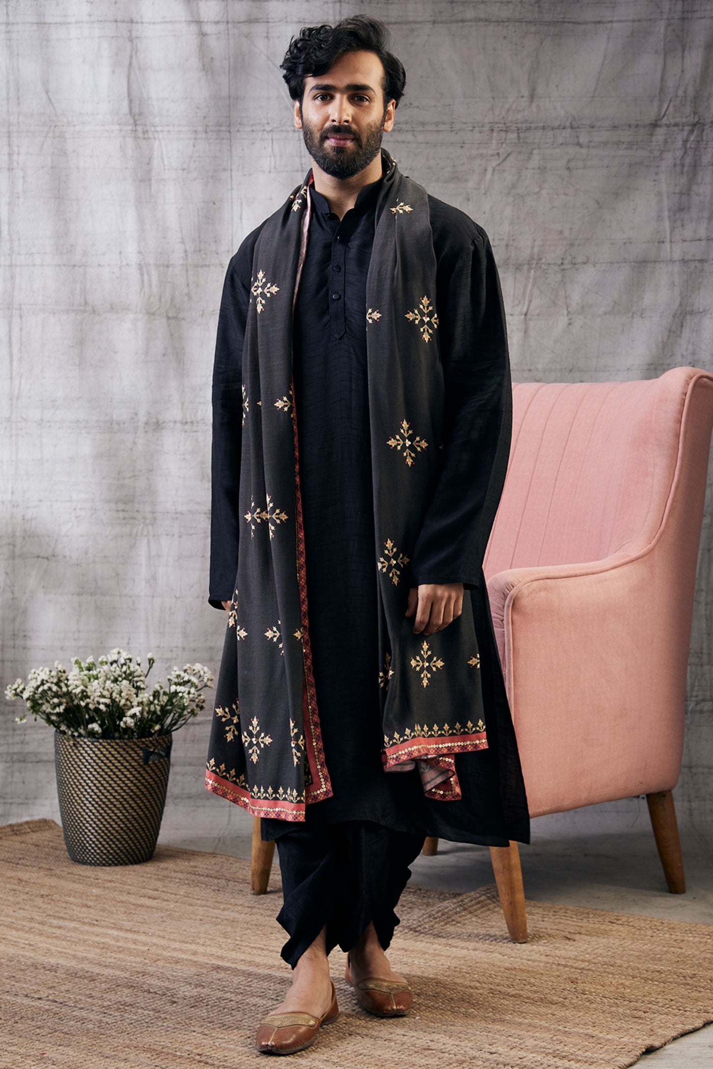 Sougat Paul Menswear Zahra Printed Dhoti Set With Shawl Indian designer wear online shopping melange singapore