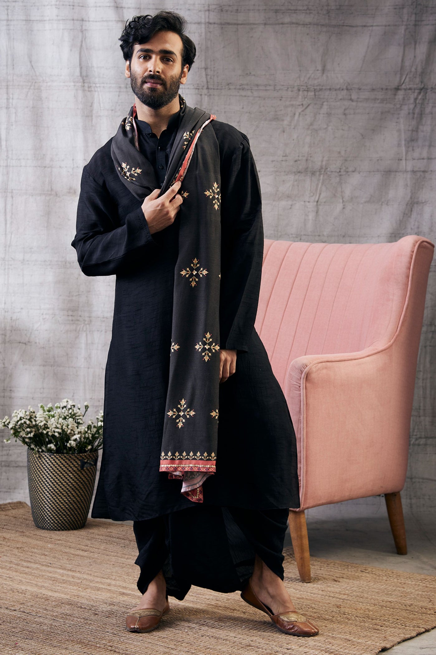 Sougat Paul Menswear Zahra Printed Dhoti Set With Shawl Indian designer wear online shopping melange singapore