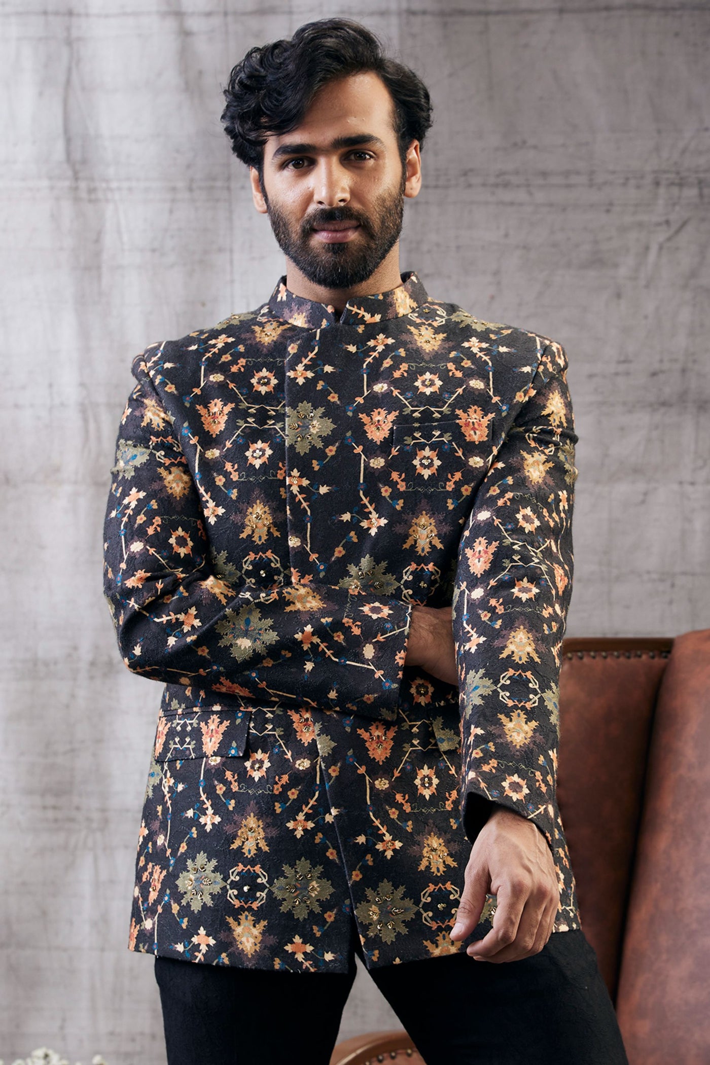 Sougat Paul Menswear Zahra Printed Jacket With Dhoti Set Indian designer wear online shopping melange singapore