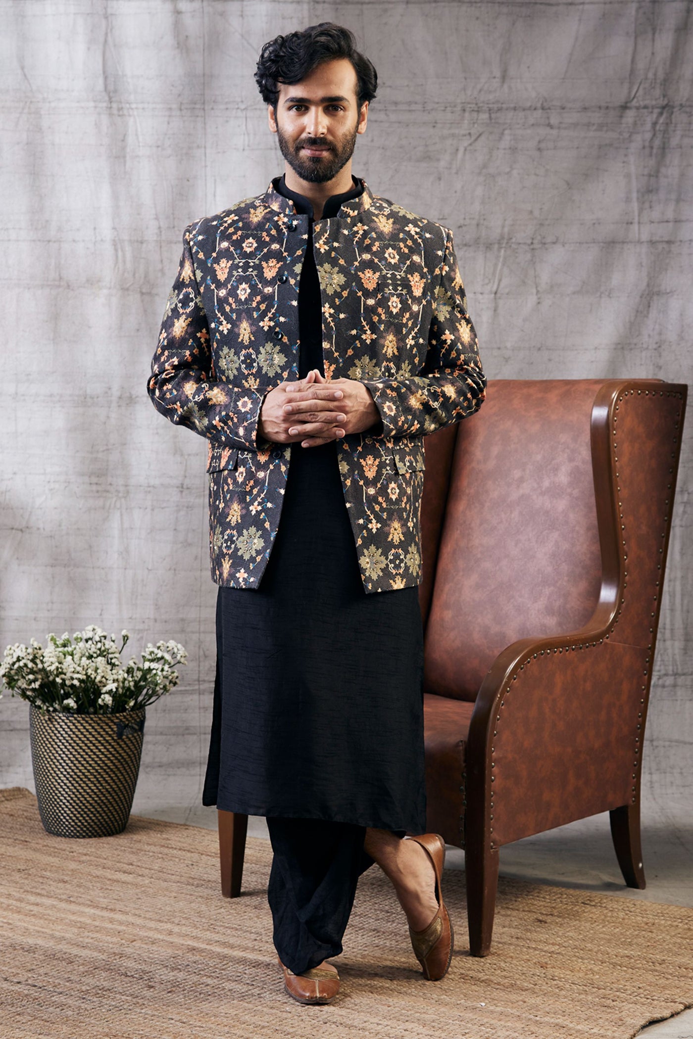 Sougat Paul Menswear Zahra Printed Jacket With Dhoti Set Indian designer wear online shopping melange singapore