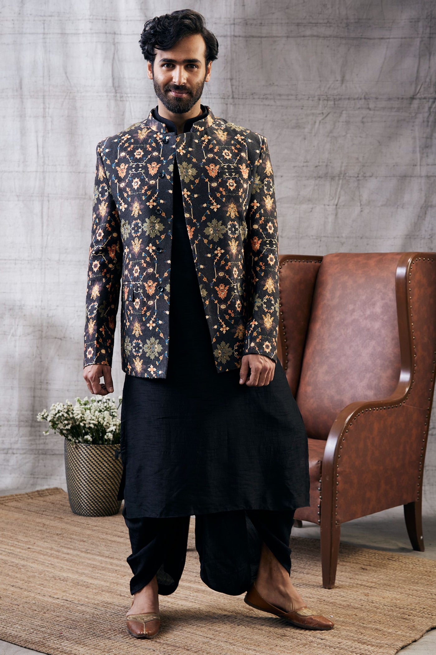 Sougat Paul Menswear Zahra Printed Jacket With Dhoti Set Indian designer wear online shopping melange singapore