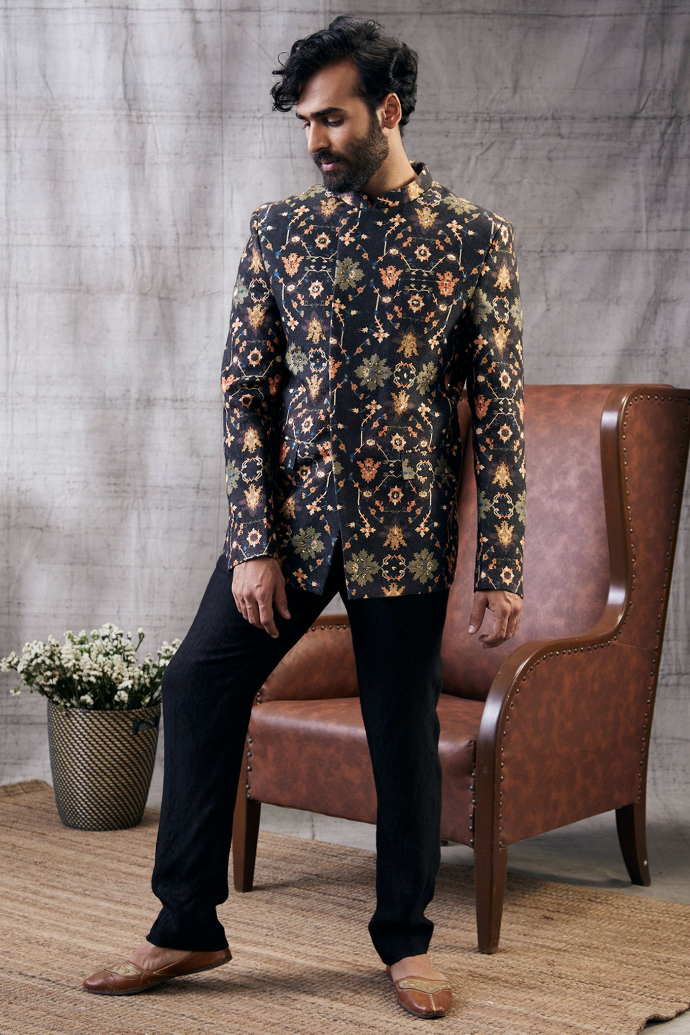 Sougat Paul Menswear Zahra Printed Jacket With Dhoti Set Indian designer wear online shopping melange singapore