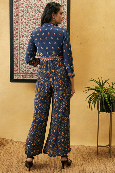 sougat paul Zahra Printed Jumpsuit With Jacket blue online shopping melange singapore indian designer wear