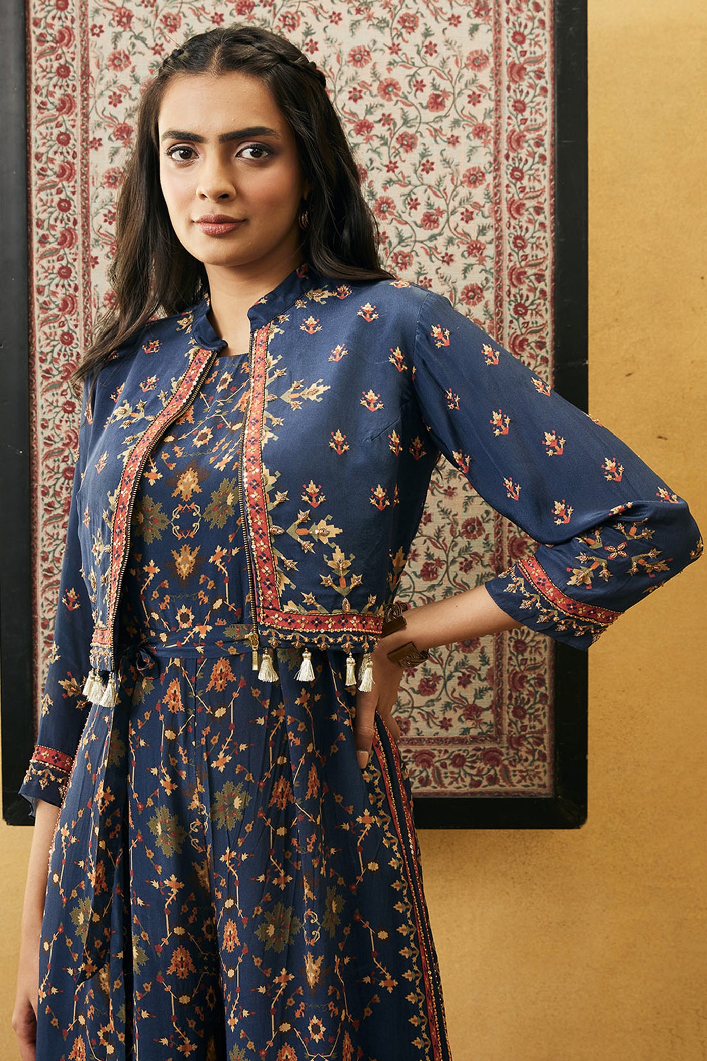 sougat paul Zahra Printed Jumpsuit With Jacket blue online shopping melange singapore indian designer wear