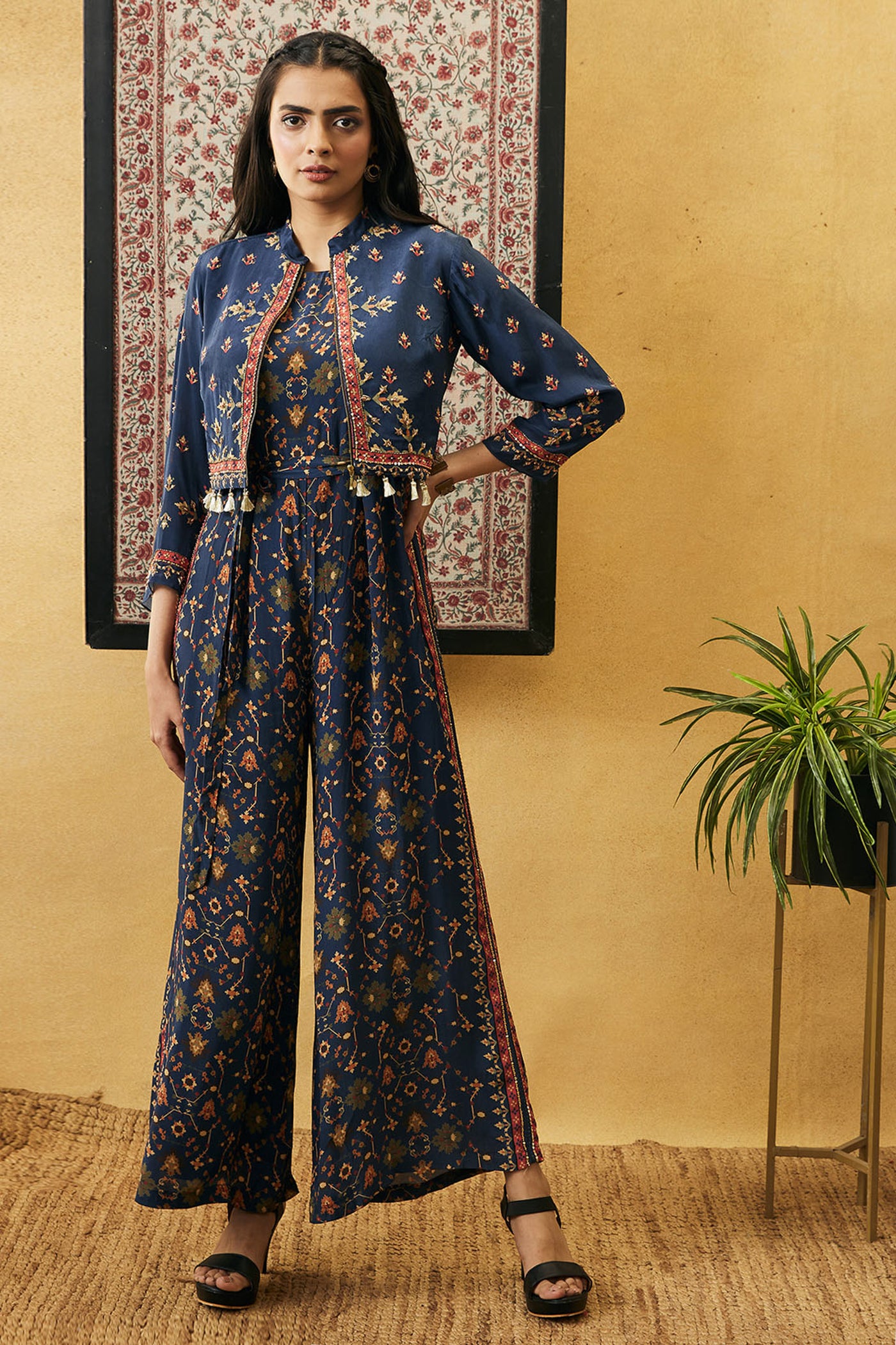 sougat paul Zahra Printed Jumpsuit With Jacket blue online shopping melange singapore indian designer wear