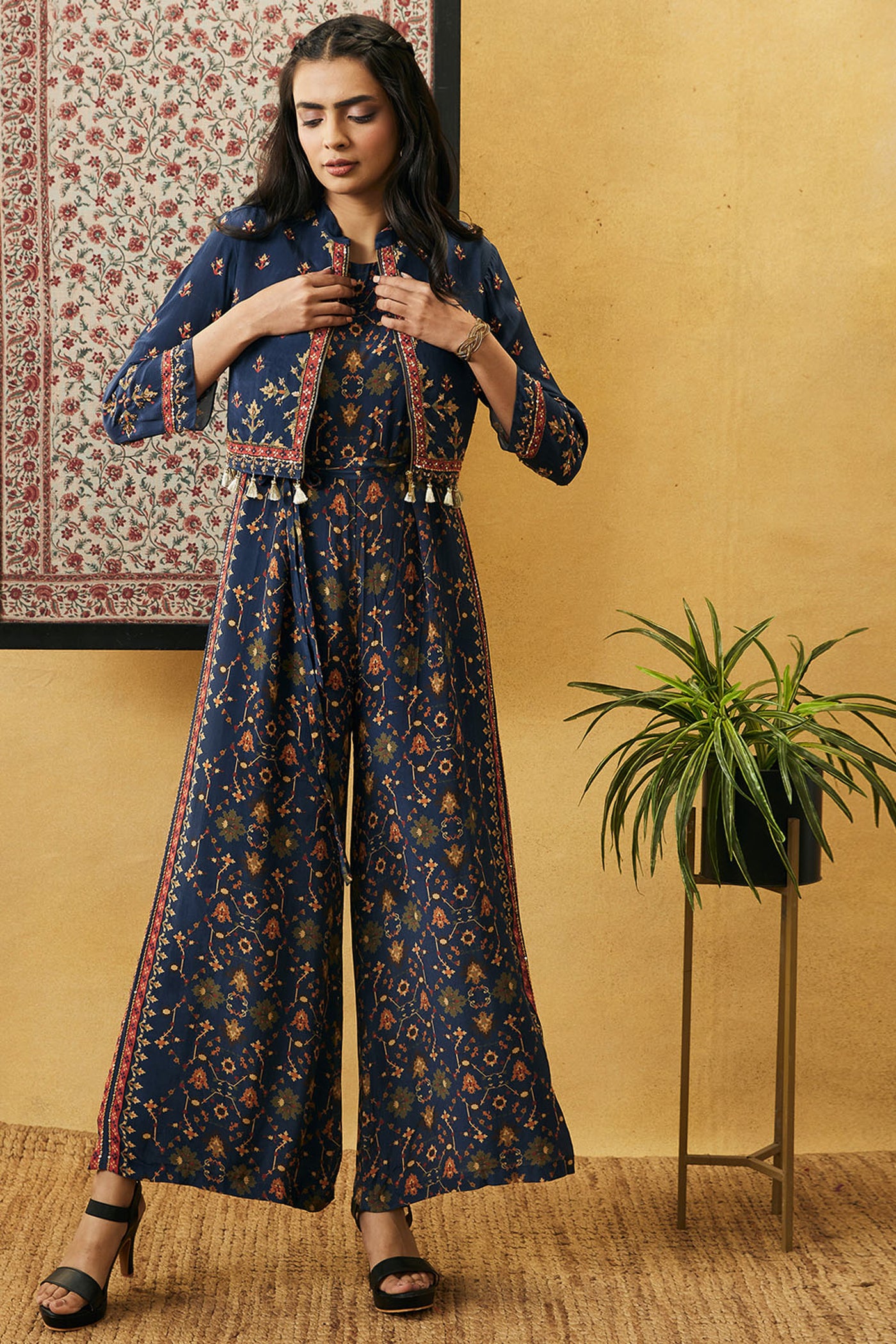 sougat paul Zahra Printed Jumpsuit With Jacket blue online shopping melange singapore indian designer wear