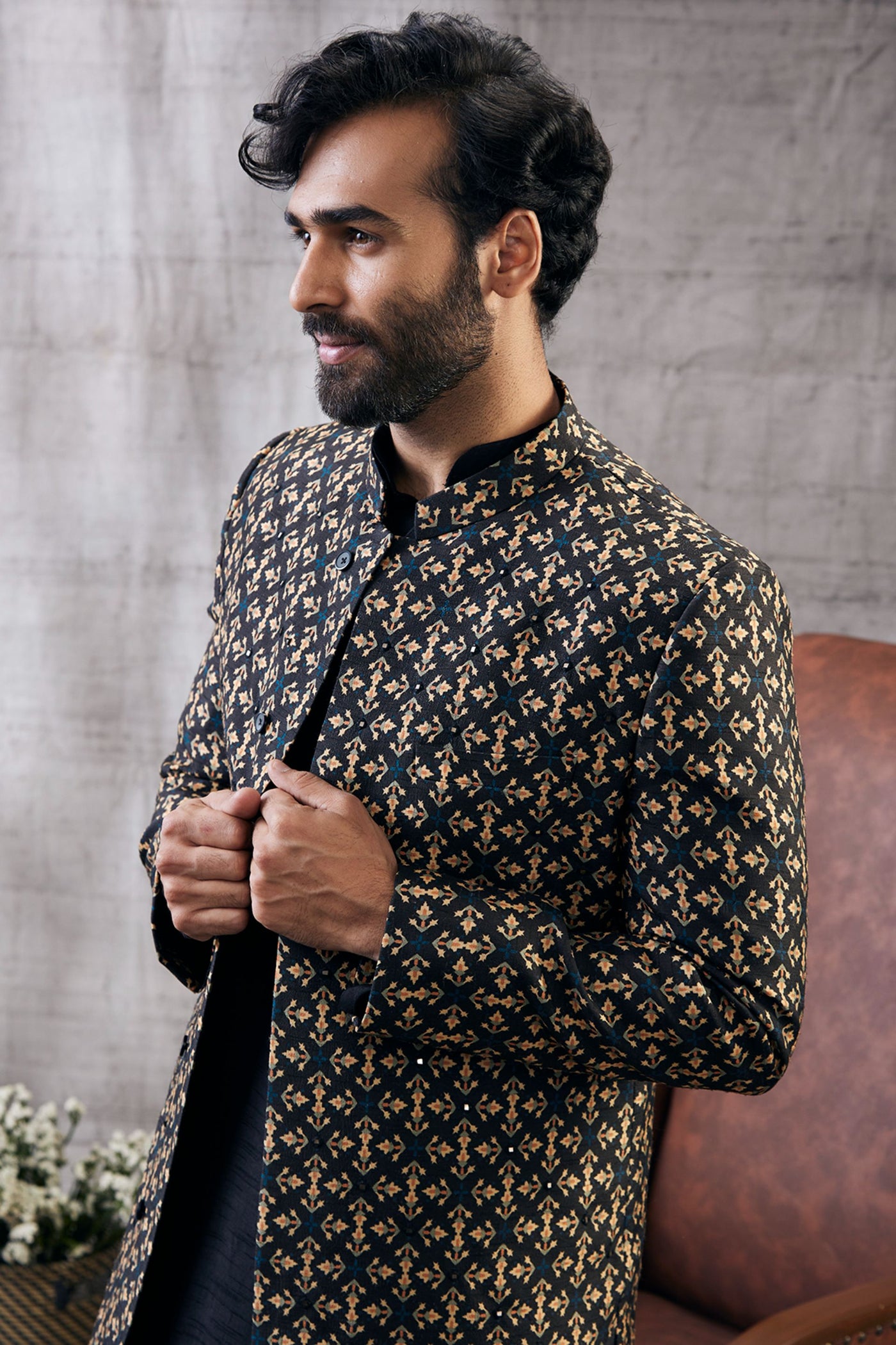 Sougat Paul Menswear Zahra Printed Longline Jacket with Dhoti Set Indian designer wear online shopping melange singapore