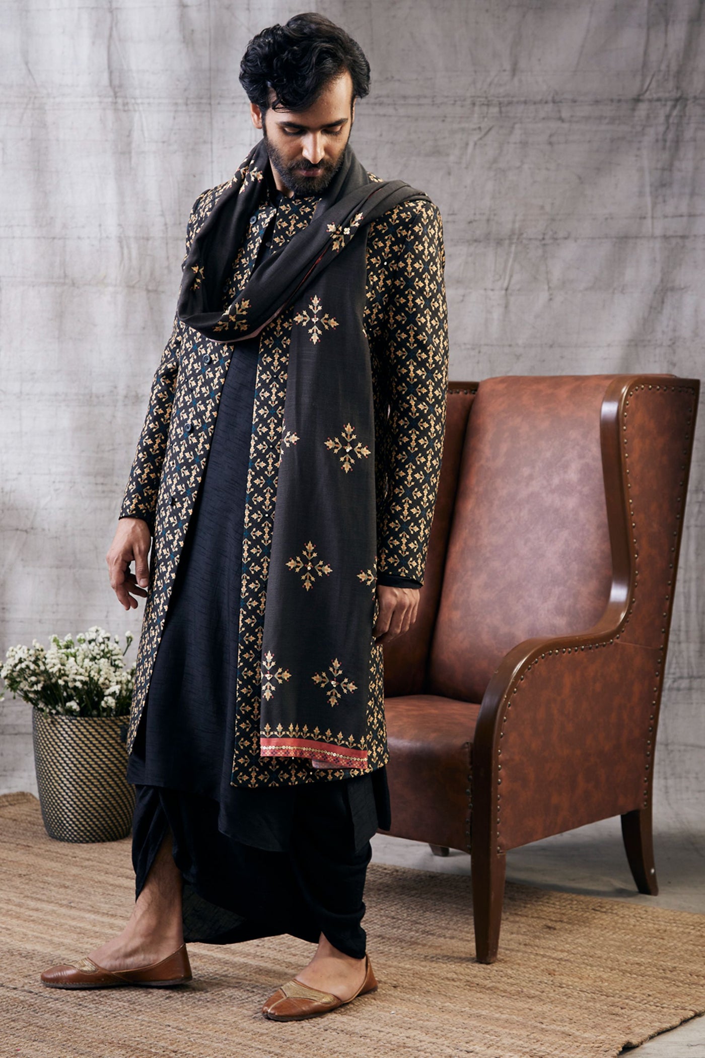 Sougat Paul Menswear Zahra Printed Longline Jacket with Dhoti Set Indian designer wear online shopping melange singapore