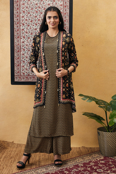 Sougat paul Zahra Printed Kurta Set With Jacket black online shopping melange singapore indian designer wear